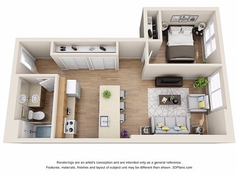 Floor plan for 1 bed, 1 bath, 612 sqft